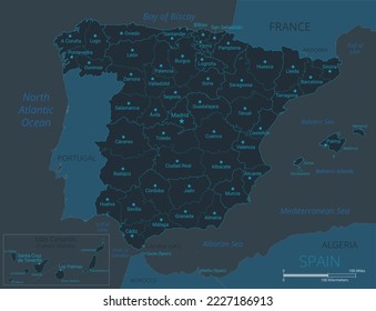 Spain map. High detailed map of Spain with countries, borders, cities, water objects. Vector illustration eps10.