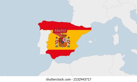 Spain map highlighted in Spain flag colors and pin of country capital Madrid, map with neighboring European countries.