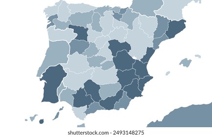 Spain map with individual colors,isolated on white background for website layouts,background,education, precise,customizable,Travel worldwide,map silhouette backdrop,earth geography, political.