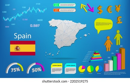 Spain map info graphics - charts, symbols, elements and icons collection. Detailed Spain map with High quality business infographic elements.