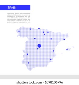 Spain map infographics background, blue grid and dots.