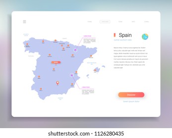 Spain map infographics vector template with cities, capital Madrid and pointer marks.