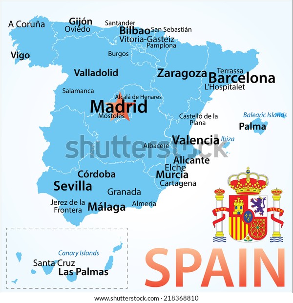 Spain Map Largest Cities Carefully Scaled Stock Vector Royalty