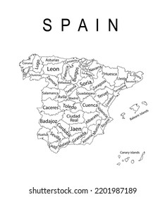 Spain map line contour vector silhouette illustration isolated on white background. High detailed. Spain Autonomous communities. Administrative divisions, separated provinces. Europe state, EU member.