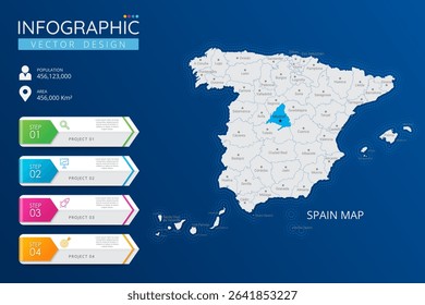 Spain map with location pointer marks. High detailed country map with division, cities and capital infographic template. Vector illustration EPS10