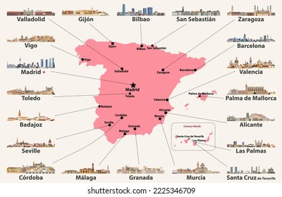 Spain map with main cities skylines. Vector illustration