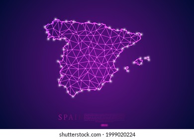 Spain Map mash line and point scales on purple technology background. Wire Frame 3D mesh polygonal network line, design sphere, dot and structure -  Vector illustration eps 10