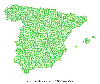 Spain Map mosaic of small circles in different sizes and ecological green shades. Dots are combined into spain map vector mosaic. Ecology vector design concept.