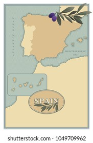 Spain map with olives, branches and olive leaves. Retro style.