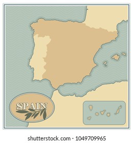 Spain map with olives, branches and olive leaves. Retro style.