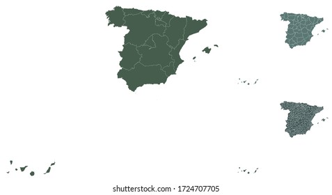 Esbozo de mapa de España con fronteras administrativas, regiones, municipios, departamentos con colores blancos negros. Mapa de plantillas de diseño infográfico.