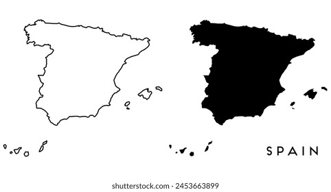 Spain map outlined and black vector set
