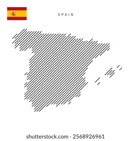 Spain map from pattern of black slanted parallel lines. Spanish map with gray diagonal lines. Silhouette of a country made of oblique hatching. Vector illustration isolated on white.