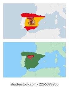 Spain map with pin of country capital. Two types of Spain map with neighboring countries. Vector template.