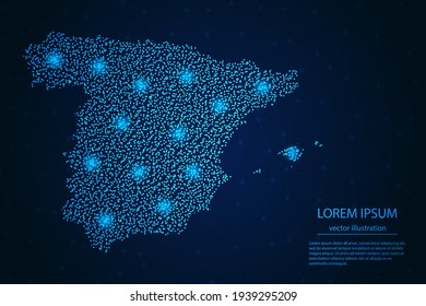 España mapea desde el punto azul y las brillantes estrellas sobre un fondo oscuro. Vector eps 10.