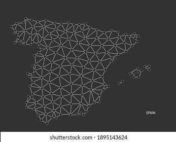 Spain Map Point scales on black background. Wire frame polygonal network white line, dot and shadow dot.
