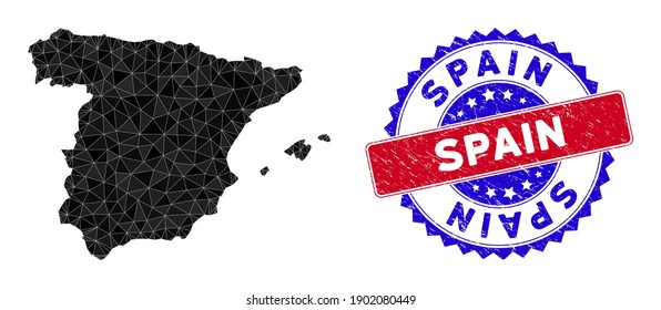 Spain map polygonal mesh with filled triangles, and grunge bicolor seal. Triangle mosaic Spain map with mesh vector model, triangles have randomized sizes, and positions, and color hues.