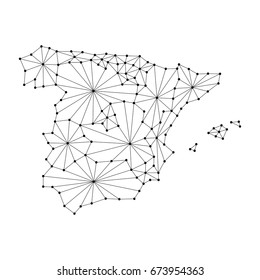 Spain map of polygonal mosaic lines network, rays and dots vector illustration.