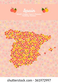 Spain map poster or card. Vegetarian postcard. Map of China made out of pink nectarines. Series: World's Largest peach and nectarine Producing Countries. Can be used as seamless pattern.