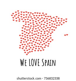 Spain Map with red hearts- symbol of love. abstract background with text We Love Spain. vector illustration. Print for t-shirt