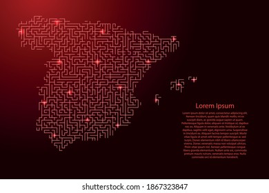 Spain map from red pattern of the maze grid and glowing space stars grid. Vector illustration.