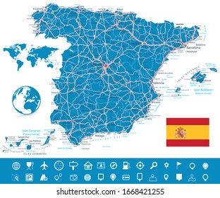 España Mapa y caminos con conjunto de iconos de navegación. Todos los elementos se separan en capas editables claramente etiquetadas. Ilustración vectorial.