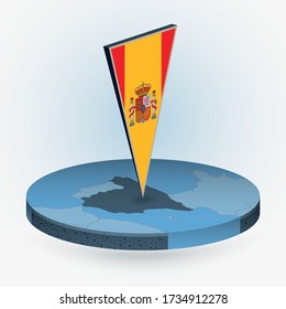 Spain map in round isometric style with triangular 3D flag of Spain, vector map in blue color. 