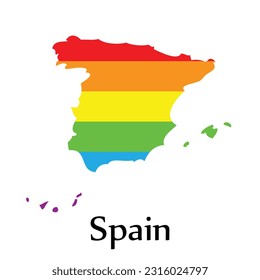 Spain map shape fill rainbow color isolated on white background. Design concept country accept pride LGBT.