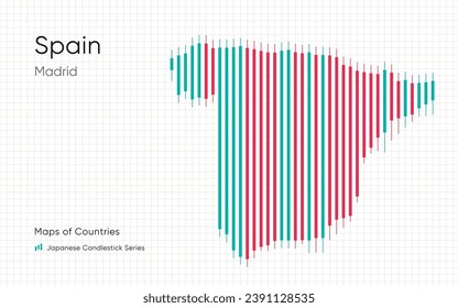 Spain map is shown in a chart with bars and lines. Japanese candlestick chart Series	