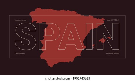 Spain map silhouette with country name and description, color vector detailed poster