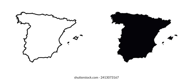 Spain map silhouette linear and black illustration. Vector
