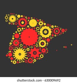 Spain map silhouette mosaic of cogs and gears. Illustration in national colors on dark grey background.