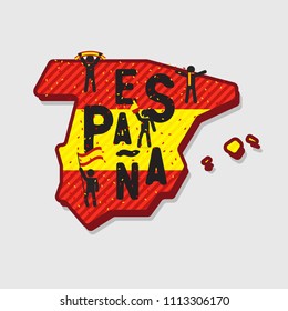 Spain map and soccer or football fans cheering on the map.