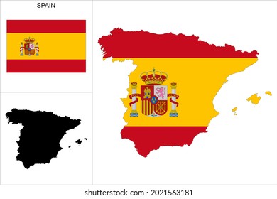 Spain map with Spanish flag background - Map as a black pattern and Spanish flag available separately