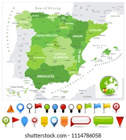 Spain Map Spot Green Colors and glossy icons. Detailed vector illustration of map.