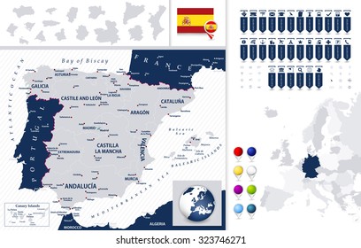 Spain Map and it's states with navigation map pointers.