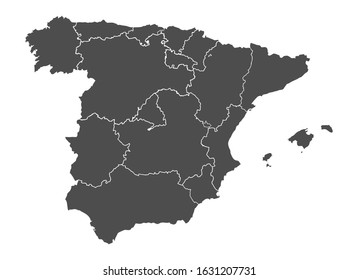 Spain Map Vector - Blank Map of Spain Black Silhouette with provinces border isolated on white