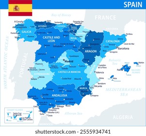 Spain Map Vector Blue Spot - Customizable layered political map of Spain with administrative divisions for website, education, reports, news, politics, print, poster and wallpaper