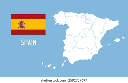 Spain map. Vector Spain map with Spain flag isolated on blue background.	