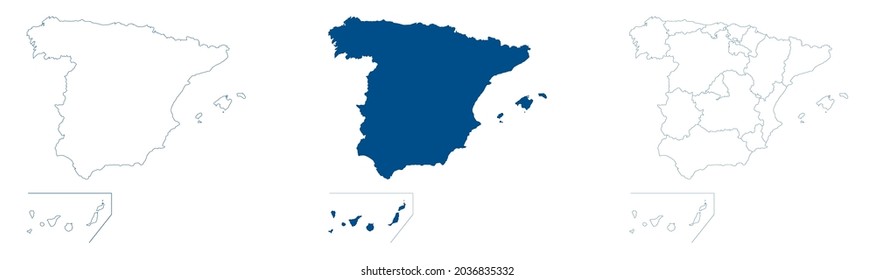 Spain map vector. High detailed vector outline, blue silhouette and administrative divisions map of Spain. All isolated on white background. Template for website, design, cover, infographics