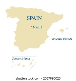 Spain map vector. High detailed vector silhouette Spain, Balearic Islands and Canary Islands. All isolated on white background. Template for website, design, cover, infographics