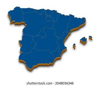 Spain map vector. High detailed administrative 3D map of Spain with dropped shadow. Vector blue isometric silhouette with administrative divisions. All isolated on white background