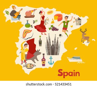 Spain map vector. Illustrated abstract map for children. Traveling concept. Cartoon atlas of Spain with flamenco, guitar, sangria, football,  paella, bullfight and jamon. Travel on Spain