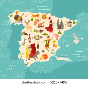 Spain map vector. Illustrated map for children. Cartoon atlas of Spain with flamenco, guitar, sangria, paella, bullfight and jamon. Travel illustration. Spain education poster