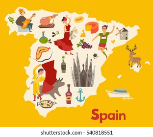 Spain map vector. Illustrated map of Spain for children/kid. Cartoon abstract atlas of Spain with landmark: flamenco, guitar, sangria, paella, bullfight and jamon