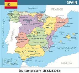 Novo 2024 Colorido - Personalizável mapa político em camadas da Espanha com divisões administrativas para o site, educação, relatórios, notícias, política, impressão, cartaz e papel de parede