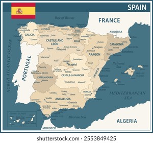 Spain Map Vector Vintage Dark Blue Beige - Customizable layered political map of Spain with administrative divisions for website, education, reports, news, politics, print, poster and wallpaper