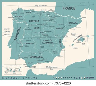 Spain Map - Vintage Detailed Vector Illustration