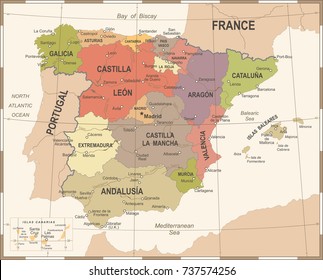 Spain Map - Vintage Detailed Vector Illustration