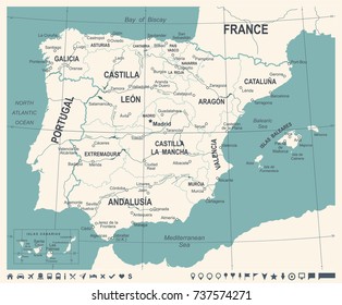 Spain Map - Vintage Detailed Vector Illustration